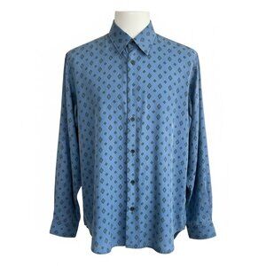 Vintage 80s Shirt Blue and Black Diamond Medallions 100% Silk Disco